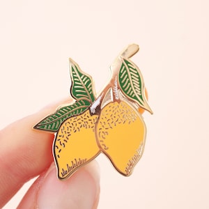 Lemons Enamel Pin | Lapel Pin | Hard Enamel Pin | Gold Enamel Pin Badge | Citrus Pin | Lemon Leaf Pin | Little Paisley Designs