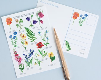 Postal británica de flores silvestres / Naturaleza británica / Arte de la naturaleza / Postal de impresión botánica / Correspondencia / Tarjeta de notas / Postal de flores silvestres