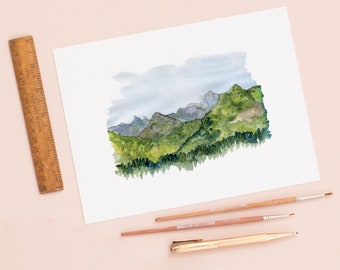 Alpine Berg Szene Illustration Giclée-Druck | Österreichische Alpen | Natur-Kunst | Aquarell Malerei | Kleine Paisley Designs | 18 x 24 cm