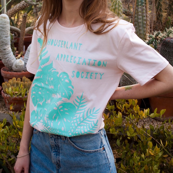 Houseplant Appreciation Society T-shirt | Organic Cotton T-shirt | Plant T-shirt | Crazy Plant Lady Gift | Pink Tee | Little Paisley Designs