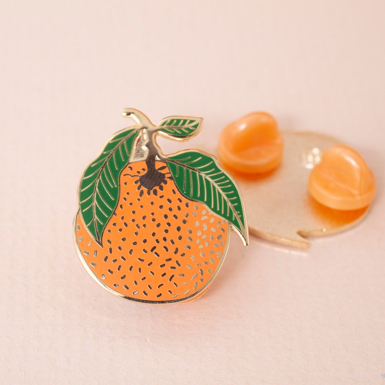 Clementine Enamel Pin Lapel Pin Hard Enamel Pin Gold Enamel Pin Badge Citrus Pin Orange Leaf Pin Little Paisley Designs image 5