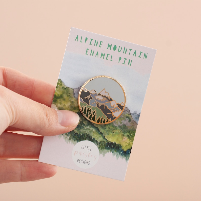 Mountains Enamel Pin Pin Badge Hard Enamel Pin Gold Enamel Lapel pin Mountain Pin Alpine Mountain Scene Wilderness Explorer Pin image 3