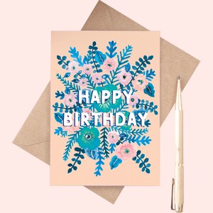 Happy Birthday leafy Card Floral Illustrated Greeting Card Greeting Card Birthday Card Floral Foliage Card Colourful Birthday Card No thank you