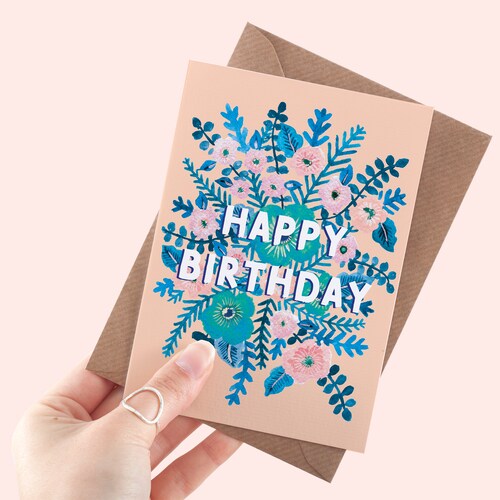 Floral Happy Birthday Card Flower Illustrated Greeting Card Etsy