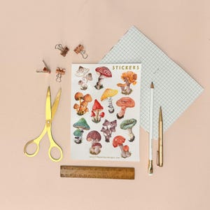 May include: A sheet of stickers featuring colorful illustrations of various mushrooms. The stickers are arranged in rows and columns on a white background. The text "STICKERS" is printed in gold lettering at the top of the sheet. The text "www.littlepaisleydesigns.com" is printed at the bottom of the sheet.