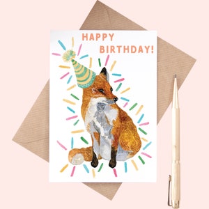 Tarjeta de feliz cumpleaños / Tarjeta de felicitación ilustrada Party Fox / Tarjeta de felicitación / Tarjeta de cumpleaños / Zorro / Ilustración de zorro / Cumpleaños / Tarjeta divertida