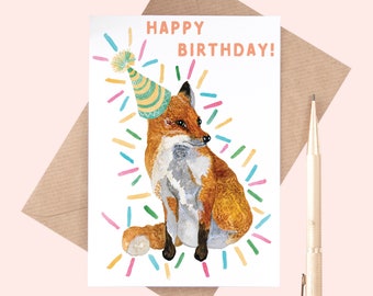 Happy Birthday Card | Party Fox Illustrated Greeting Card | Greeting Card | Birthday Card | Fox | Fox Illustration | Birthday | Fun Card