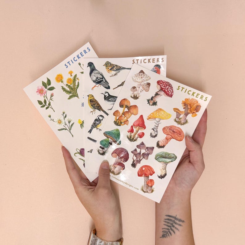 May include: Three sheets of stickers featuring illustrations of mushrooms, birds, and plants. The stickers are white with blue text that reads "Stickers".