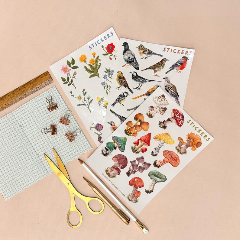 May include: Three sheets of stickers featuring illustrations of birds, flowers, and mushrooms. The stickers are on a light pink background with a ruler, scissors, and a pencil.