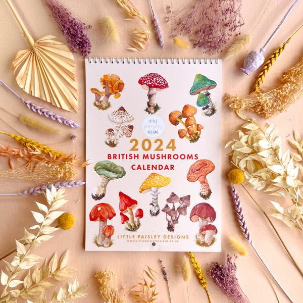 2024 British Mushrooms Calendar | Watercolour Illustrations | A4 Month To A Page Calendar | Nature | 2024 Calendar | Little Paisley Designs