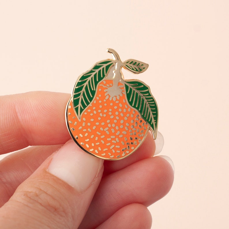 Clementine Enamel Pin Lapel Pin Hard Enamel Pin Gold Enamel Pin Badge Citrus Pin Orange Leaf Pin Little Paisley Designs image 1