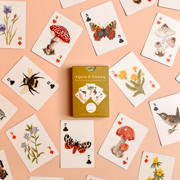 Pack de cartes à jouer Flore et faune | Jeu de 54 cartes | Nature britannique | Illustrations à l'aquarelle | Jeu de cartes | Petits motifs cachemire