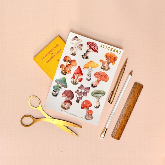 Mushrooms A5 Sticker Sheet | Fungi Illustrations | Eco Vinyl Sticker Sheet | Mushroom and Toadstool Stickers | Little Paisley Designs
