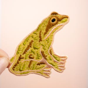 Może przedstawiać: Haftowana naszywka przedstawiająca żabę w odcieniach zieleni i brązu. Żaba ma szczegółowy wzór z czarnym okiem i różowymi stopami. Naszywka jest prawdopodobnie przeznaczona na odzież lub akcesoria.