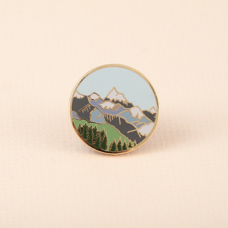 Mountains Enamel Pin Pin Badge Hard Enamel Pin Gold Enamel Lapel pin Mountain Pin Alpine Mountain Scene Wilderness Explorer Pin image 1