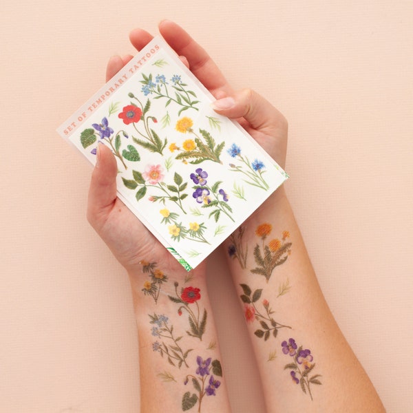 Paquete de tatuajes temporales de flores de jardín / Tatuajes de acuarela / Flores silvestres británicas / Paquete de tatuajes temporales de flores / Pequeños diseños de Paisley