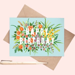 Tarjeta floral de feliz cumpleaños / Tarjeta de felicitación ilustrada con flores / Tarjeta de felicitación / Tarjeta de cumpleaños / Cumpleaños / Tarjeta de felicitación con estampado de flores silvestres