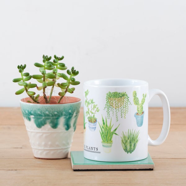 Tasse de plantes de maison Tasse en céramique de plante Mug en céramique 10oz Tasse Plantes d'intérieur ( Cacti et Succulents Mug illustré (en anglais) Cadeau d'amant de plante