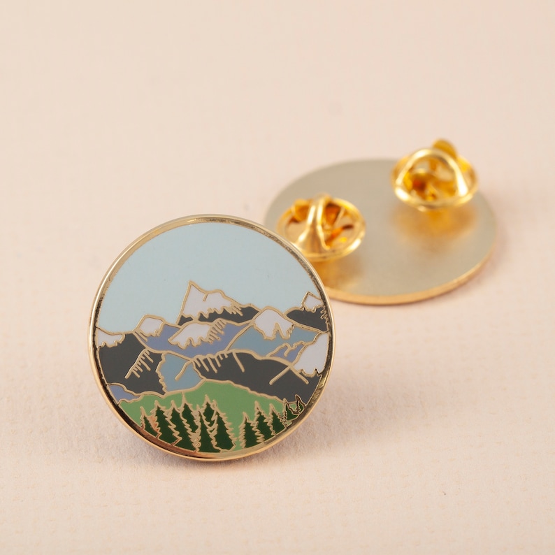 Mountains Enamel Pin Pin Badge Hard Enamel Pin Gold Enamel Lapel pin Mountain Pin Alpine Mountain Scene Wilderness Explorer Pin image 4