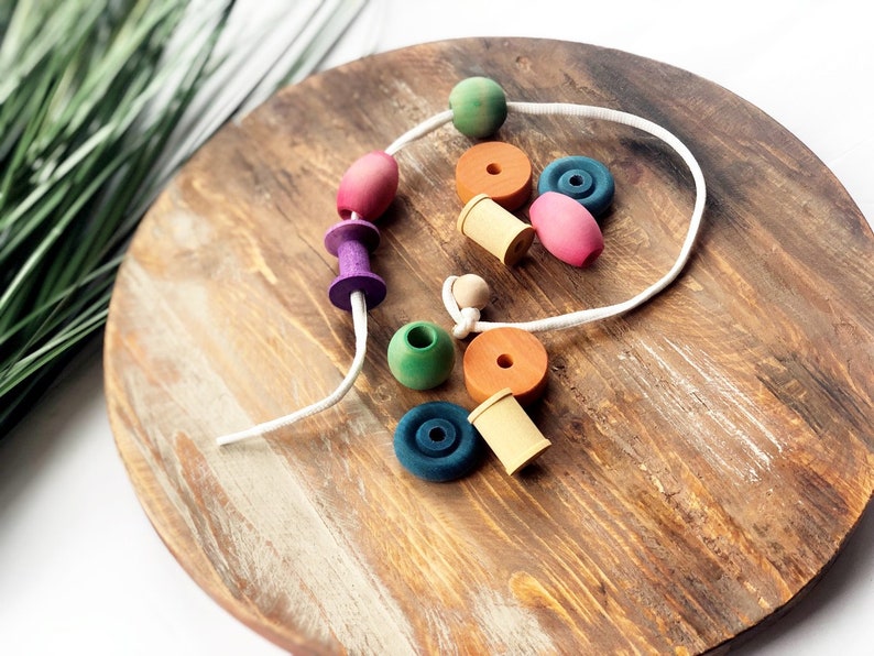 Wood Lacing Toy and Threading Toy, Wooden Bead Stringing Set for Toddlers, Montessori and Waldorf Materials, Toddler Busy Bag Travel Toy image 9