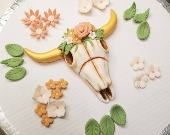 Handmade Fondant Boho Theme Steer Bull Skull Cake Topper Set