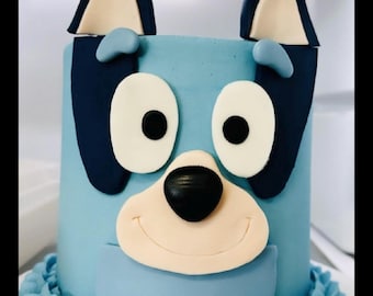 Handmade Fondant Blue Dog Face cake topper set