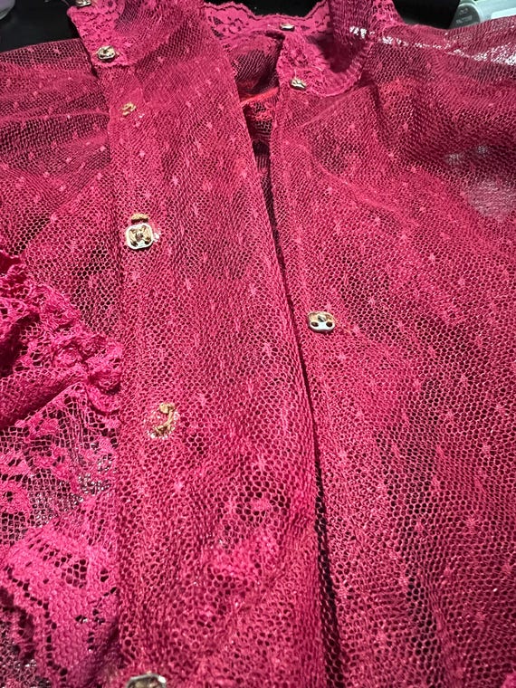 Raspberry Ruffle Retro Signs 1970s Sheer Raspberry Lace Victorian High Neck Ruffle… - Gem