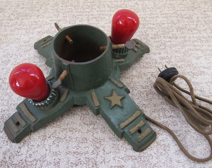 Vintage Lighted Christmas Tree Stand Cast Iron Green Gold Art Deco