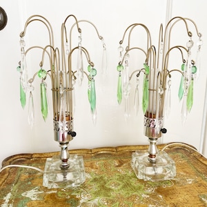 Vintage Pair Waterfall Table Lamps Green Clear Glass Drops Boudoir Mid Century Modern MCM Spray
