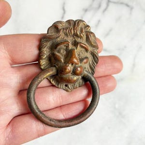 May include: Antique brass lion head door knocker with a circular handle. The lion's face is detailed with a textured mane and facial features. The knocker has a vintage, aged appearance.