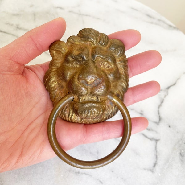 Vintage Lion Head Ring Pull Brass Knob Hardware Furniture Cabinet Lion's Lions Animal Animalia