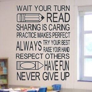 May include: A classroom scene with an American flag and motivational text on the wall. The text includes phrases like "Wait Your Turn," "Read," and "Never Give Up." Desks and chairs are visible, suggesting a learning environment.