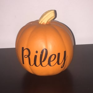 May include: Orange pumpkin with a textured surface and a tan stem. The name "Riley" is written in black cursive script on the front of the pumpkin. A decorative item for fall.