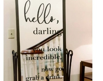 Hello Darling Grab a Drink Wedding Sign / Customized Couple Names - Wedding Welcome Sign - Bridal Shower Welcome Sign - Mirror Sign