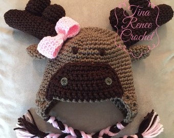 Crochet Baby Moose Hat: Handmade Girl's Photo Prop with Pink Bow