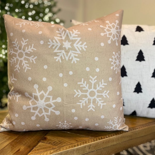 Tan Snowflake | Pillow Cover | Christmas | Holiday Decor | 18 x 18 | Machine Washable