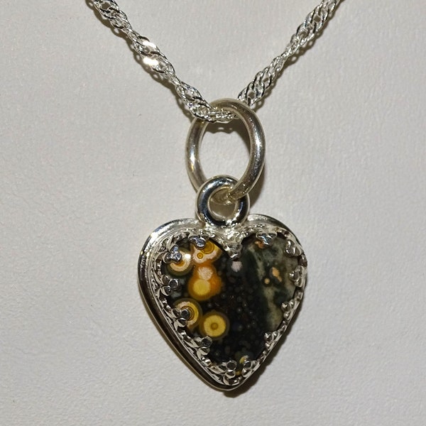 Handcrafted OCEAN JASPER Tiny HEART Pendant Bezel Set In Sterling Silver With Sterling Silver Chain