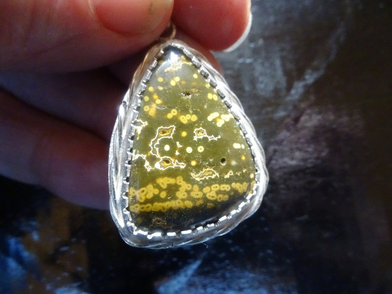 FREEFORM OCEAN JASPER Pendant Hand Made Set in Sterling Silver Sterling Silver Chain-Beautiful Tiny Orbs Throughout the Stone 43.9x27.8 mm