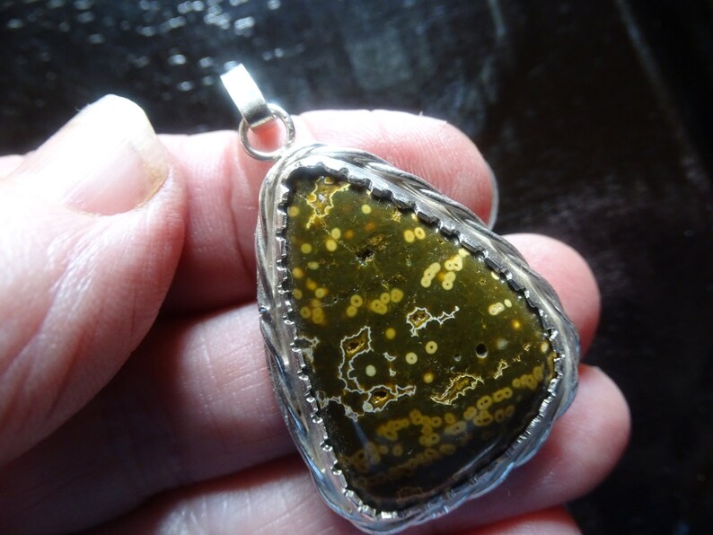FREEFORM OCEAN JASPER Pendant Hand Made Set in Sterling Silver Sterling Silver Chain-Beautiful Tiny Orbs Throughout the Stone 43.9x27.8 mm