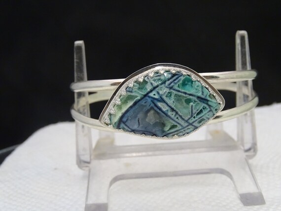 POLYHEDRAL CHRYSOCOLLA/COPPER Cuff Bracelet 5 1/2" Adjustable.  Rare Material from Indonesia, Amazing Crystaline Structure. Sterling Silver