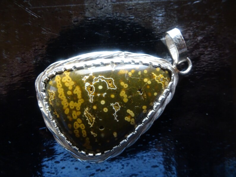 FREEFORM OCEAN JASPER Pendant Hand Made Set in Sterling Silver Sterling Silver Chain-Beautiful Tiny Orbs Throughout the Stone 43.9x27.8 mm