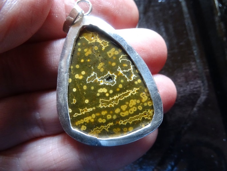 FREEFORM OCEAN JASPER Pendant Hand Made Set in Sterling Silver Sterling Silver Chain-Beautiful Tiny Orbs Throughout the Stone 43.9x27.8 mm
