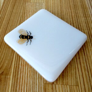 White and gold bee fused glass coasters - individual