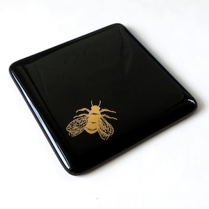 Black and gold bee fused glass coasters - individual