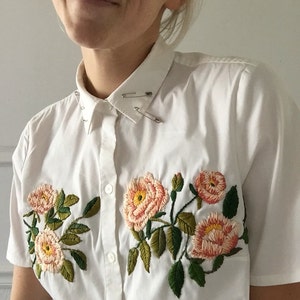 Up-cycled embroidered shirt with pale pink roses & vines | Etsy
