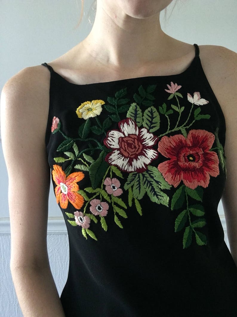 Floral Embroidered black mini dress | Etsy