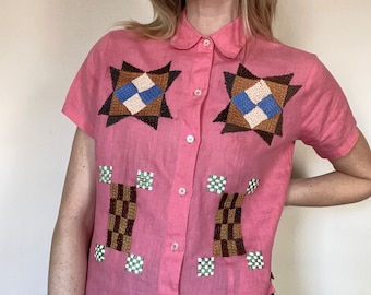 linen blouse with quilt pattern embroidery (s-m)