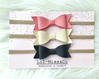 Set of 3 Baby Headband/ Newborn Headband/ Baby Pink Headband/ Nylon Headband/ Leather Headband/ Baby Bow/ Chic Baby Bow/ Baby Hair Bow/ Baby