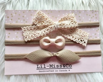 Set of 3 Baby Headband/ Newborn Headband/ Baby Pink Headband/ Nylon Headband/ Leather Headband/ Baby Bow/ Chic Baby Bow/ Baby Hair Bow/ Baby