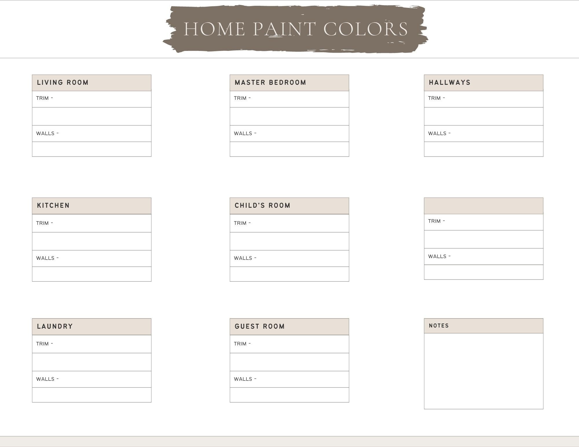 Home Paint Colors - Instant Download, Printable PDF - Etsy
